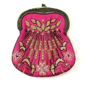 Vintage Pink Beaded Evening Bag Gold Frame Chain Strap Art Deco Glam